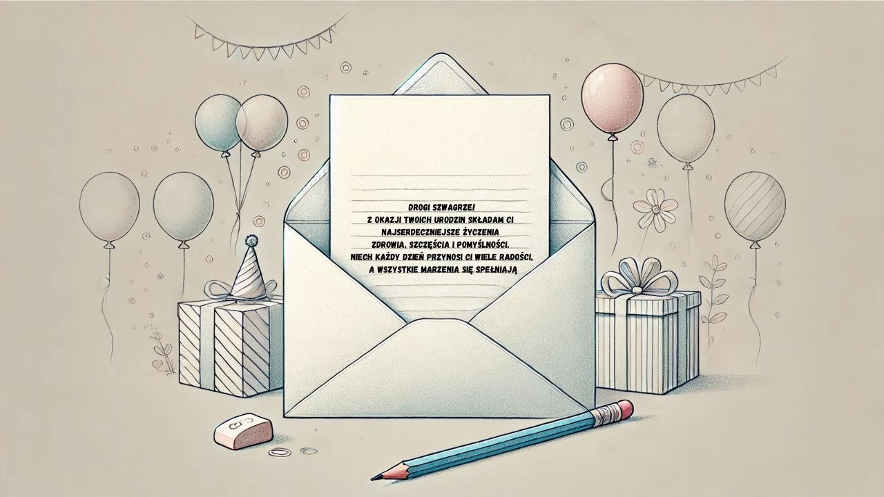 Kartka z życzeniami urodzinowymi dla szwagra w kopercie, obok prezenty urodzinowe, balony i dekoracje w pastelowych kolorach. Życzenia zapisane na białej kartce ołówkiem.