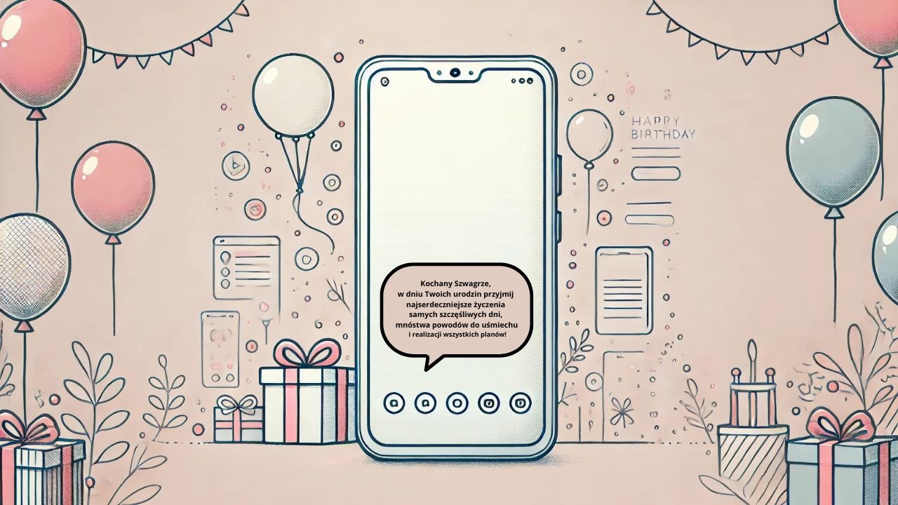 Telefon komórkowy z wyświetloną wiadomością SMS z życzeniami urodzinowymi dla szwagra, otoczony balonami, prezentami i urodzinowymi dekoracjami w pastelowych różowo-niebieskich kolorach