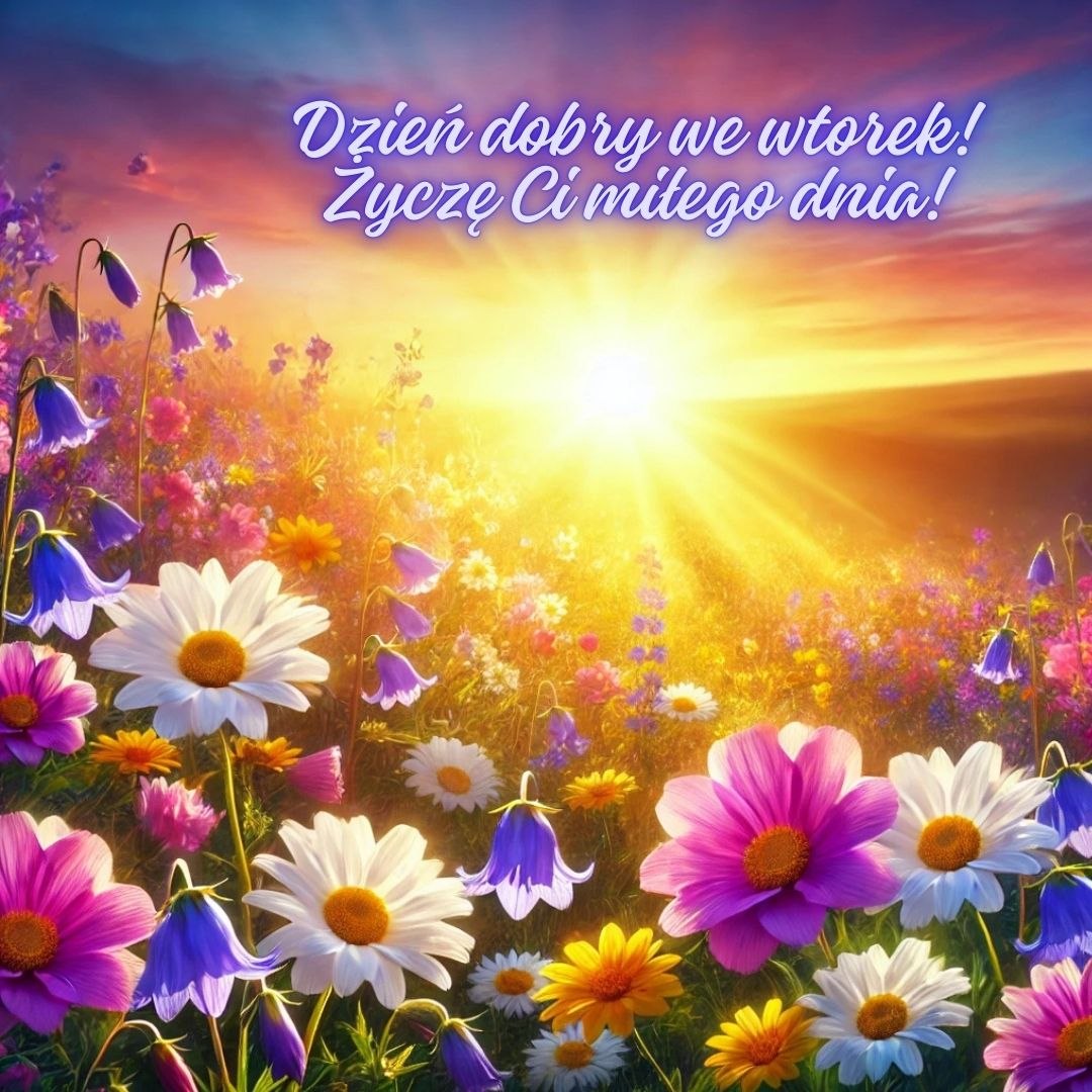 Dzień dobry we wtorek! Życzę Ci miłego dnia pełnego pozytywnej energii i motywacji do działania. Kolorowe kwiaty na tle wschodzącego słońca.