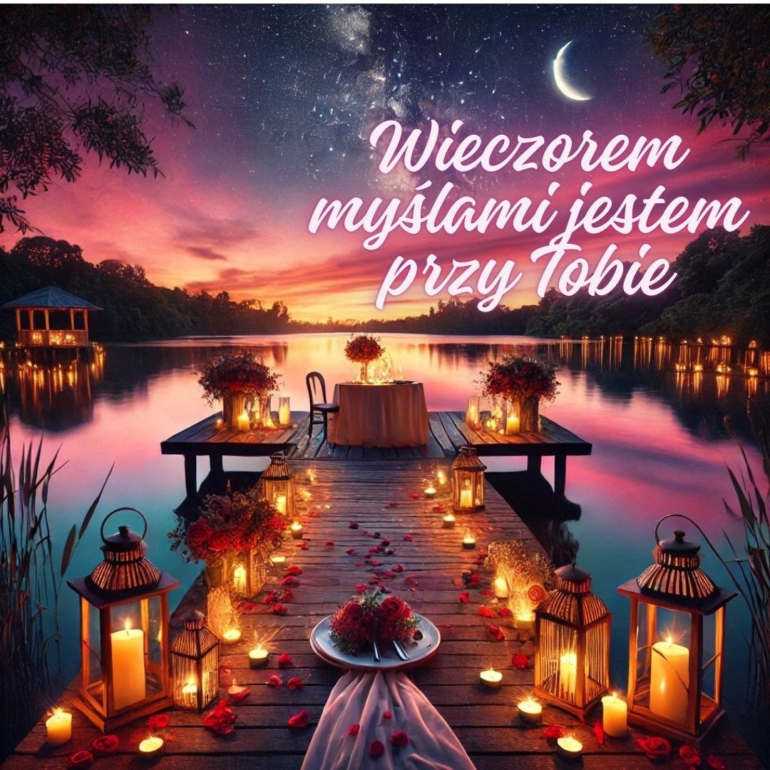 Wieczorem myślami jestem przy Tobie - romantyczna kolacja nad jeziorem o zachodzie słońca, wieczorne pozdrowienia