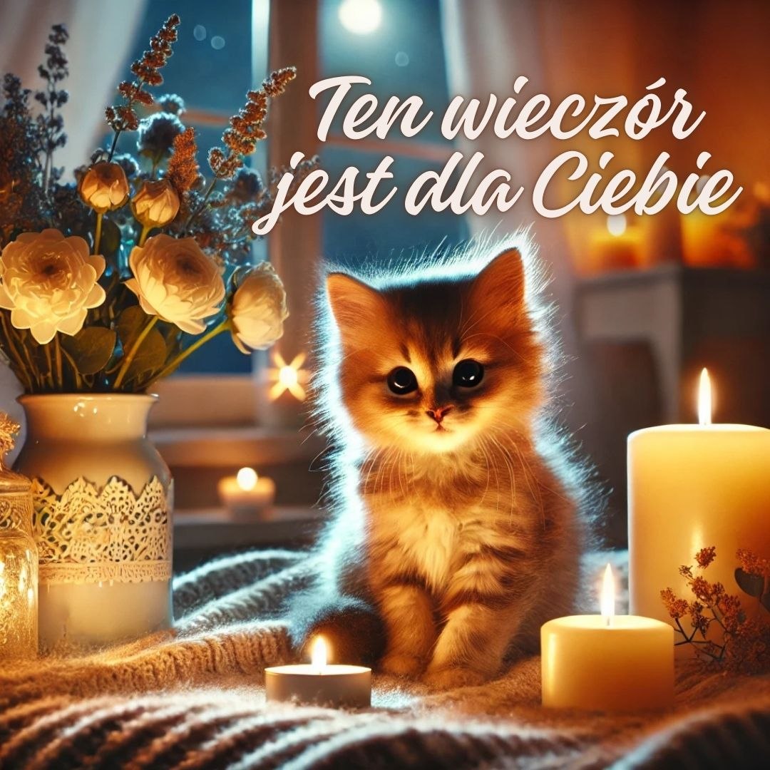 Ten wieczór jest dla Ciebie - urocze pozdrowienia wieczorne z kotkiem, świecami i kwiatami