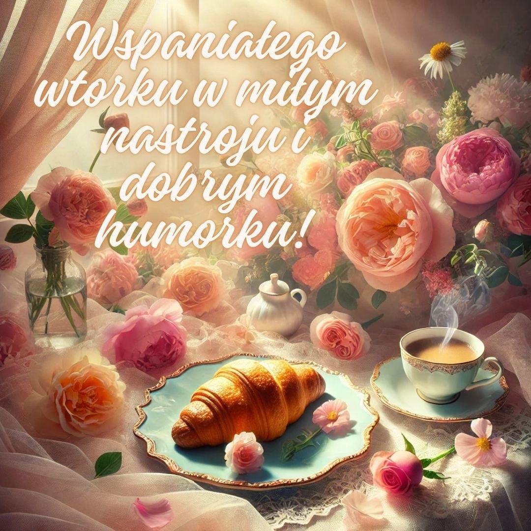 Życzę wspaniałego wtorku w miłym nastroju i dobrym humorku. Aromatyczny rogalik z filiżanką kawy wśród kwiatów - idealne śniadanie na dobry początek dnia.