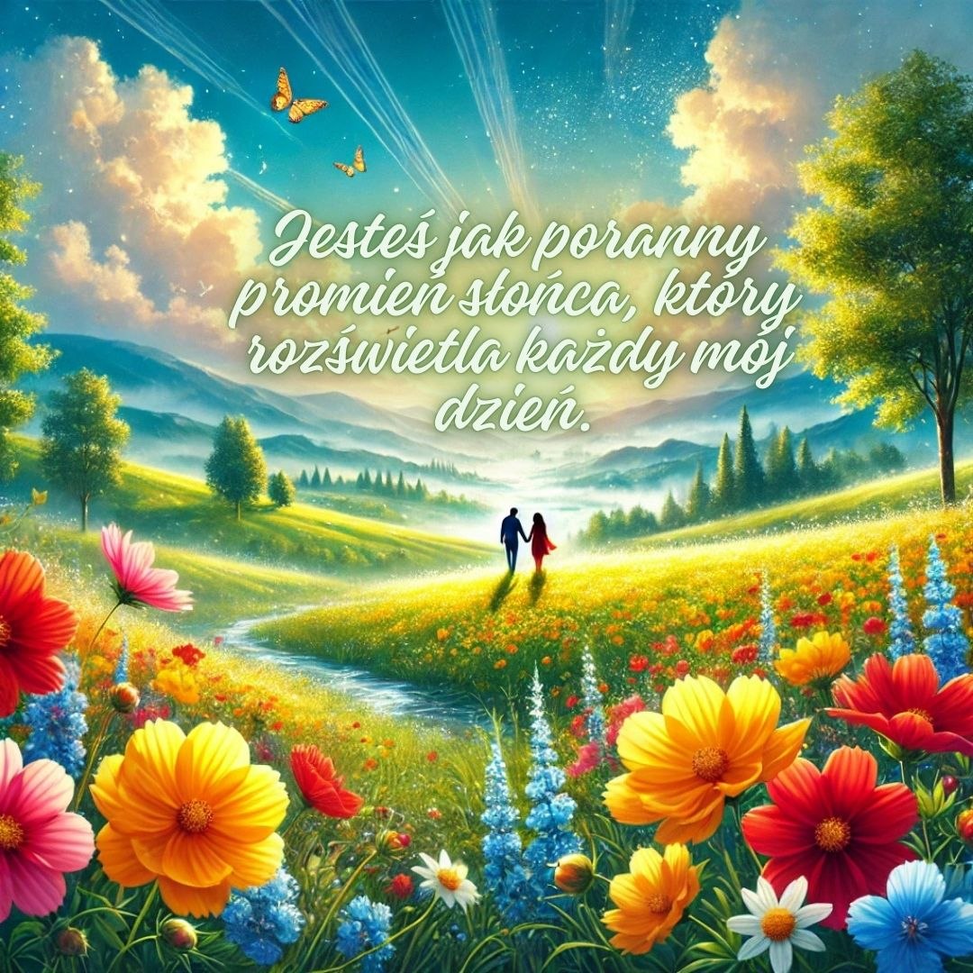 Piękne słowa dla ukochanej - romantyczny cytat o porannym słońcu na tle wiosennego krajobrazu z kwiatami