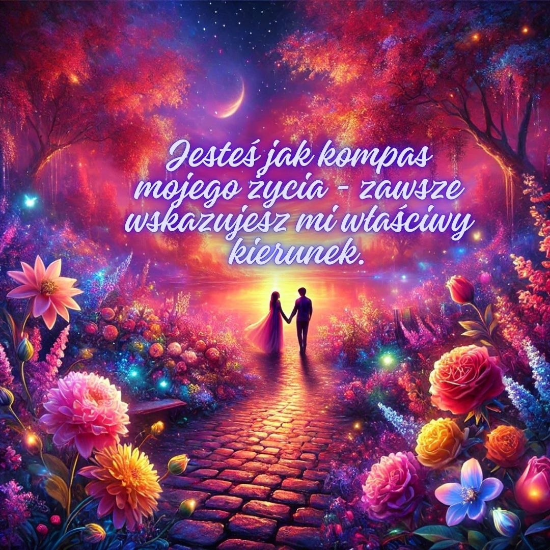 Romantyczne słowa miłosne - cytat o kompasie życia na tle magicznego ogrodu z parą zakochanych