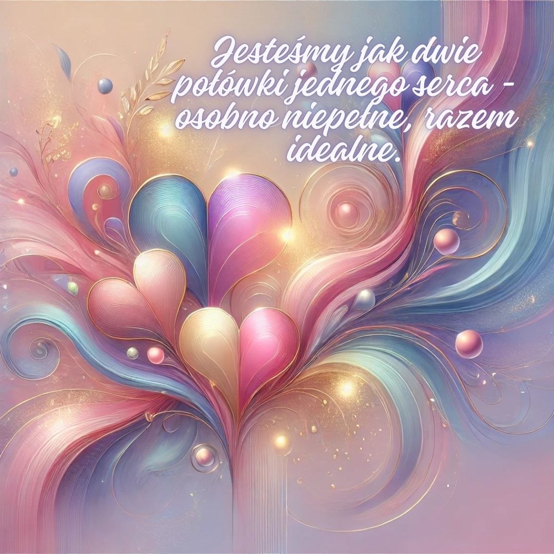 Piękne wyznania miłosne - cytat o dwóch połówkach jednego serca na artystycznym tle w pastelowych kolorach