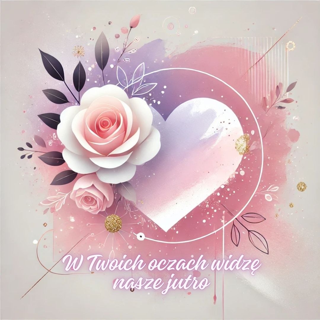 Wyznanie miłości - W Twoich oczach widzę nasze jutro. Romantyczna grafika z różą i sercem w pastelowych kolorach