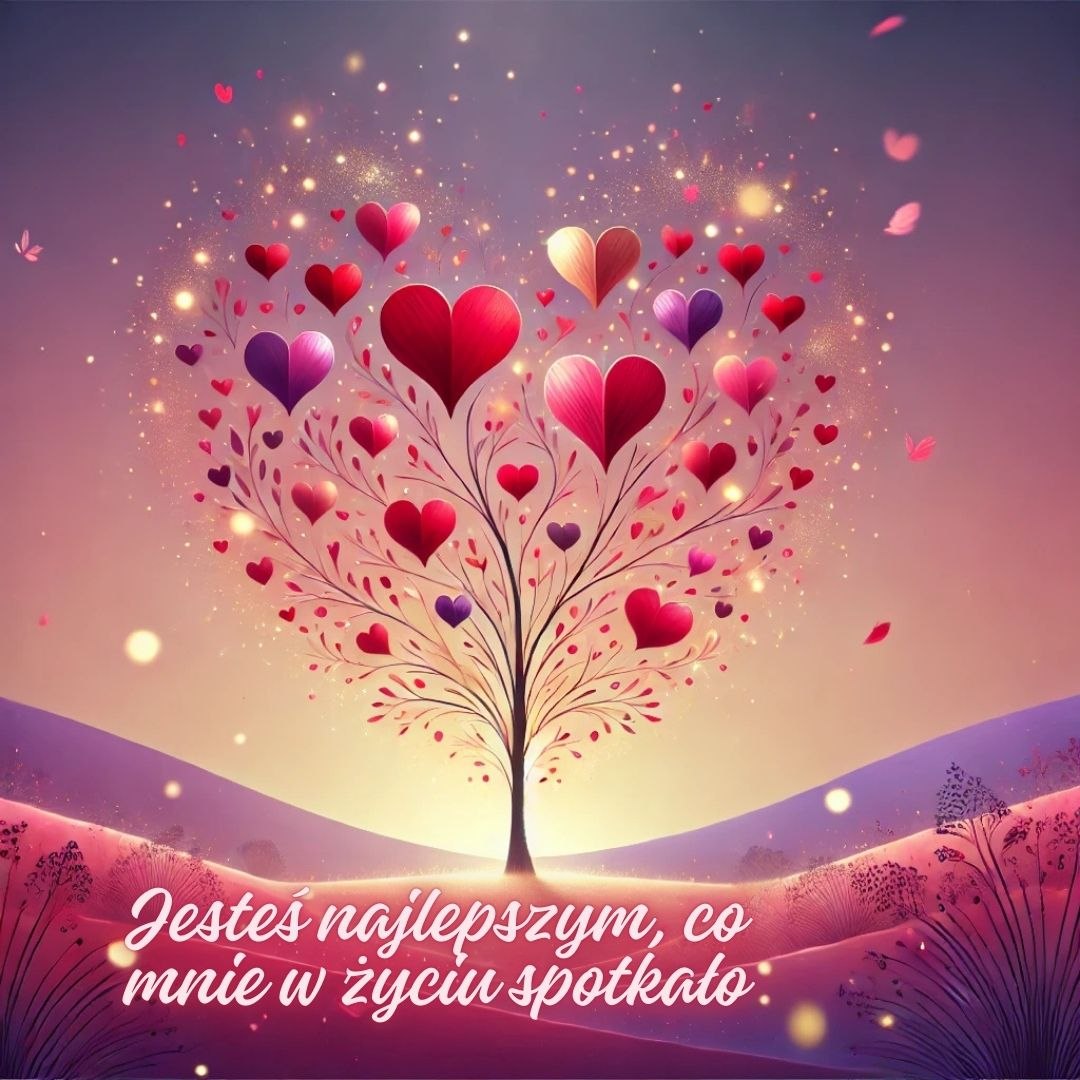 Wyjątkowe słowa o miłości - magiczne drzewo z sercami na tle zachodu słońca z tekstem o najlepszym spotkaniu w życiu.