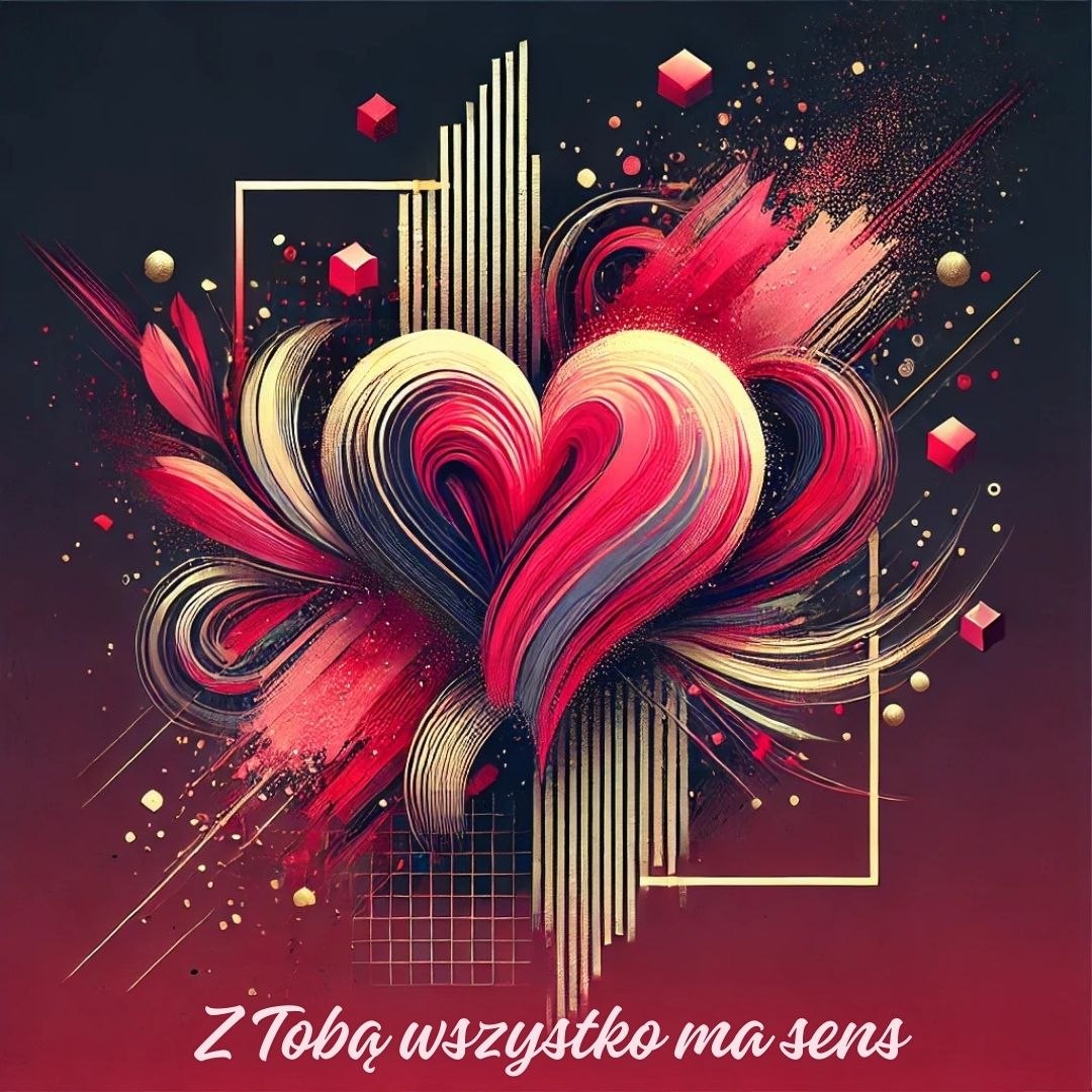 Nowoczesna grafika miłosna - abstrakcyjne serce w czerwieni i złocie z wyznaniem o sensie życia