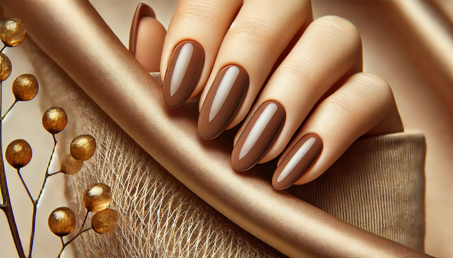 Zadbane paznokcie pomalowane w kolorze Mocha mousse - ciepłym, błyszczącym odcieniu brązu. Paznokcie w kształcie migdałów pokazane na tle złotych dekoracyjnych kulek i tkaniny w neutralnych, beżowych tonach. Zdjęcie w ciepłej, eleganckiej kolorystyce podkreślającej uniwersalność i stylowy charakter tego modnego odcienia.