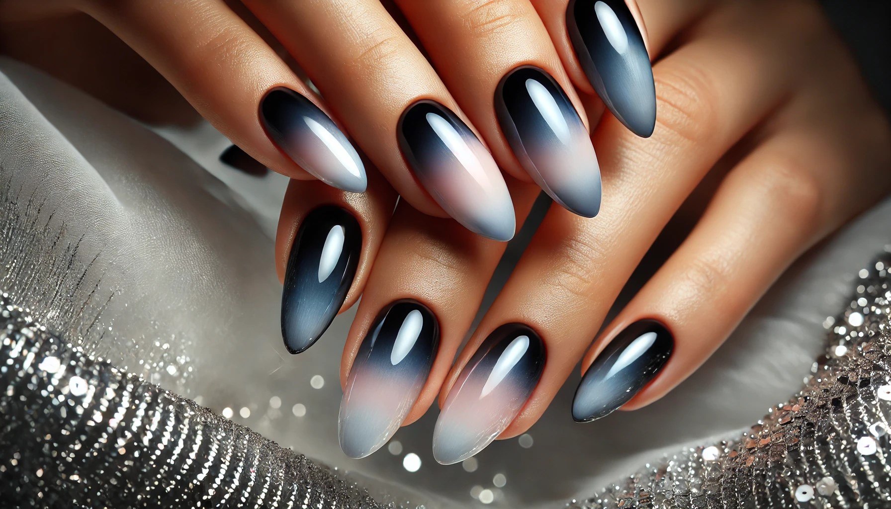 Eleganckie migdałowe paznokcie w ciemnym ombre, przechodzące z głębokiej czerni przez szarość do bieli. Manicure sfotografowany na tle błyszczącej, srebrnej tkaniny z brokatowymi elementami, podkreślający dramatyczny efekt 'Dark Aura'