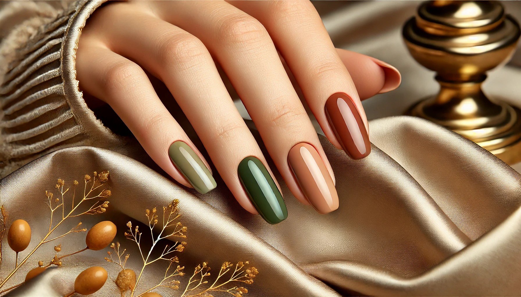 Eleganckie paznokcie w naturalnej palecie kolorów ziemi - od głębokiej zieleni przez oliwkową zieleń po beż i brąz. Zdjęcie skomponowane ze złotymi dekoracjami i jedwabistą tkaniną w tle, podkreślające harmonijne połączenie kolorów inspirowanych naturą