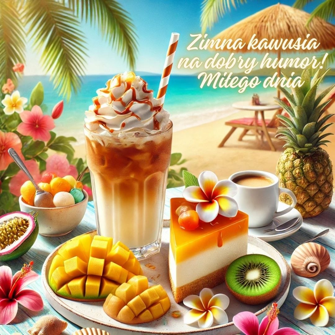 Zimna kawusia na dobry humor, tropikalne owoce i mrożona kawa z bitą śmietaną na plaży