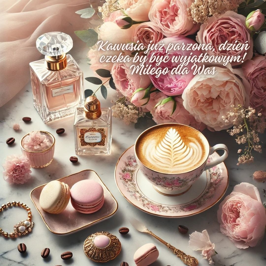 Kawusia już parzona na wyjątkowy dzień, elegancka filiżanka kawy wśród róż i perfum