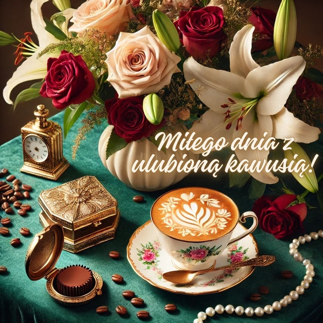 Miłego dnia z ulubioną kawusią, poranna kawa z różami i perłami