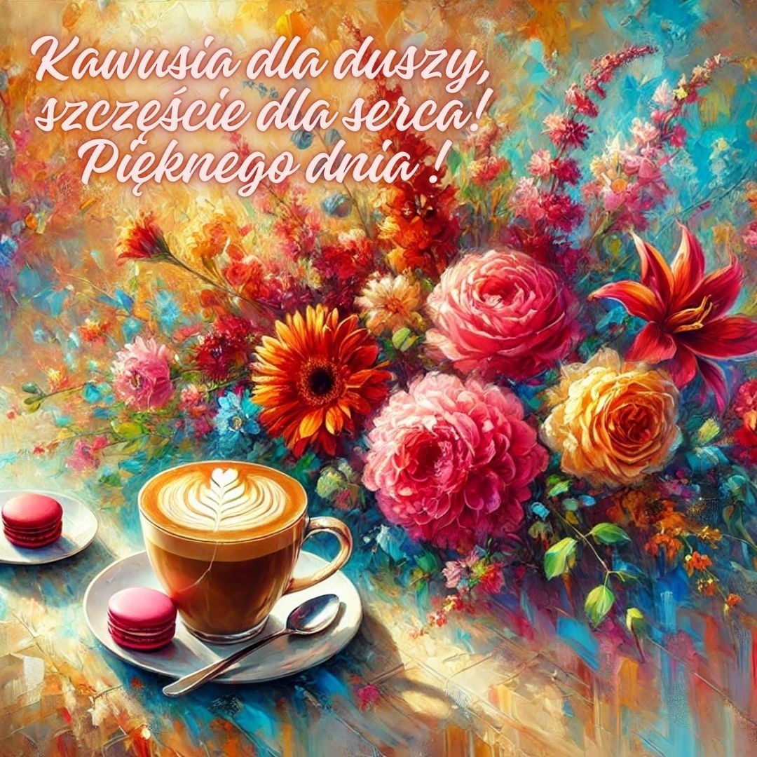 Kawusia dla duszy, szczęście dla serca! Filiżanka kawy wśród kolorowych kwiatów