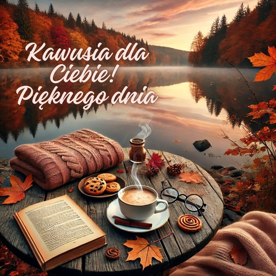 Kawusia dla Ciebie, pięknego dnia z jesienną kawą nad jeziorem, ciepły koc i książka