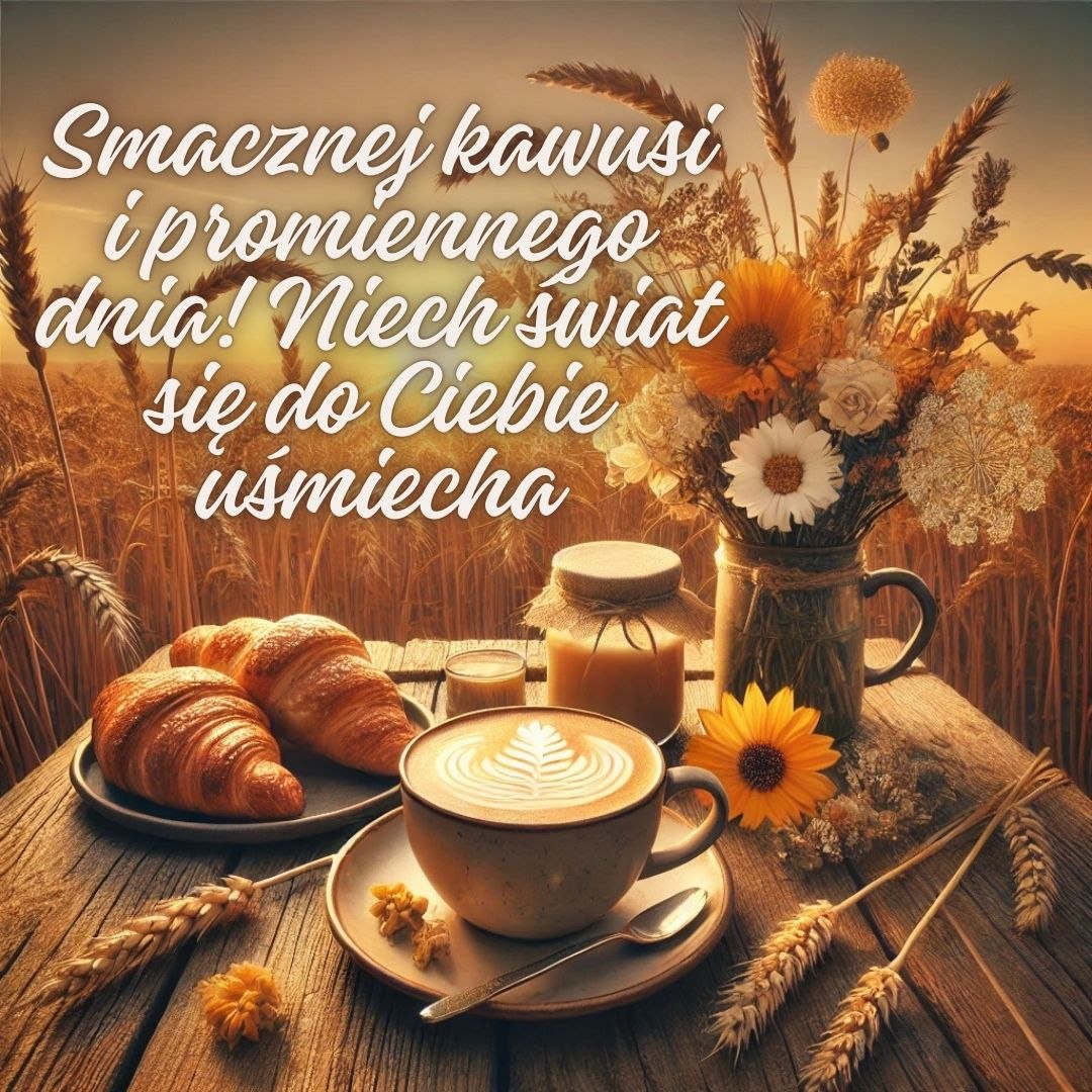 Smacznej kawusi i promiennego dnia, poranna kawa z croissantami wśród złotych kłosów