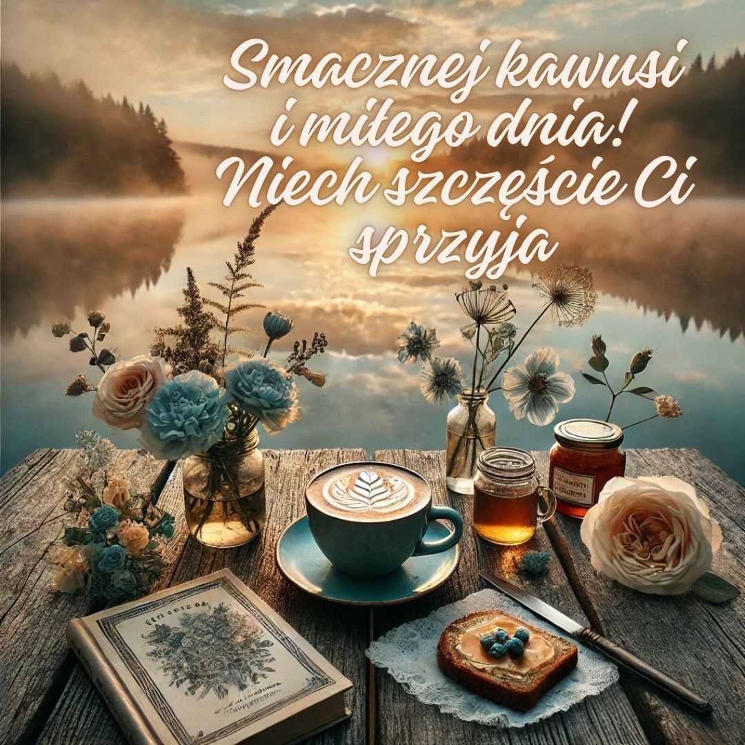 Smacznej kawusi i miłego dnia, poranna kawa nad jeziorem o wschodzie słońca