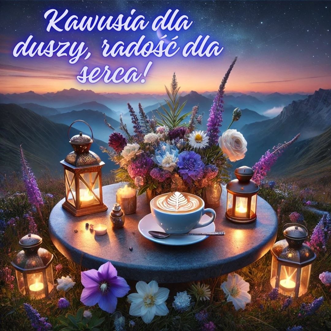 Kawusia dla duszy, radość dla serca z widokiem na górskie szczyty o zachodzie słońca