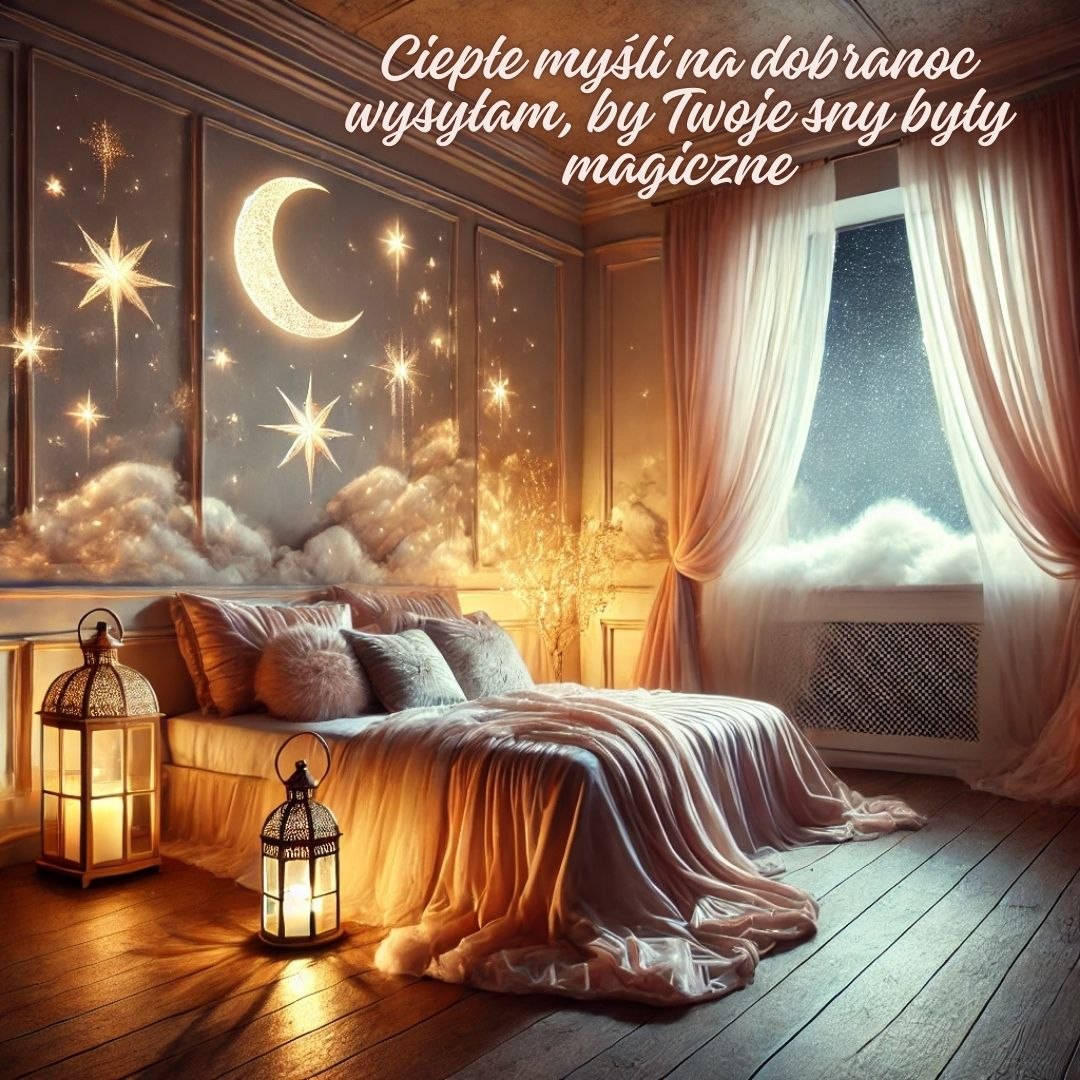Obrazek z życzeniami dobrej nocy, gwiazdami i lampionami