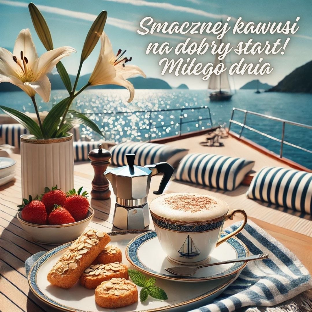 Smacznej kawusi na dobry start dnia, poranna kawa z truskawkami na jachcie, morskie życzenia miłego dnia