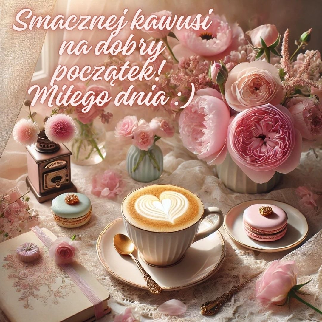 Smacznej kawusi na dobry początek dnia, romantyczna kawa wśród róż, poranne życzenia miłego dnia