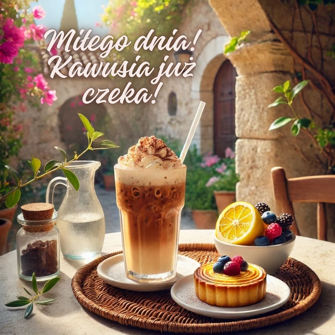 Mrożona kawusia czeka na tarasie, letnie życzenia miłego dnia z deserem i owocami