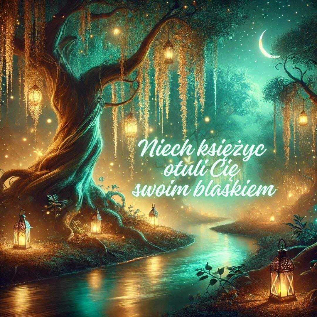 Magiczny obrazek na dobranoc z księżycem i świecącym lasem