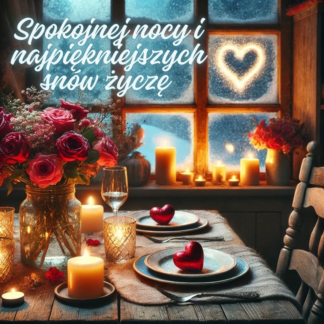 Przytulny obrazek na dobranoc ze świecami i świecącym sercem