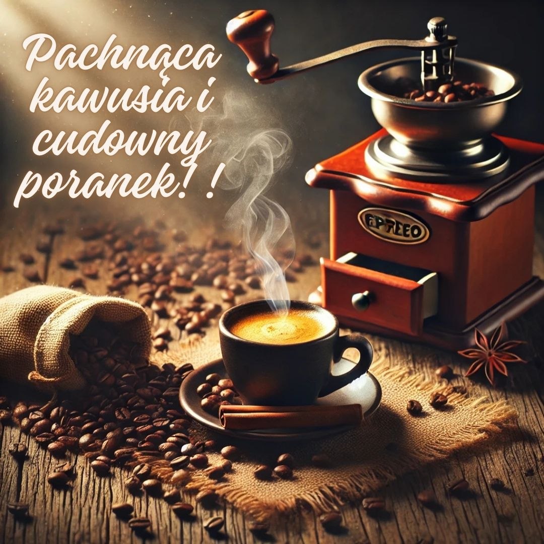 Pachnąca kawusia i cudowny poranek, świeżo mielona kawa z młynkiem i aromatycznymi przyprawami