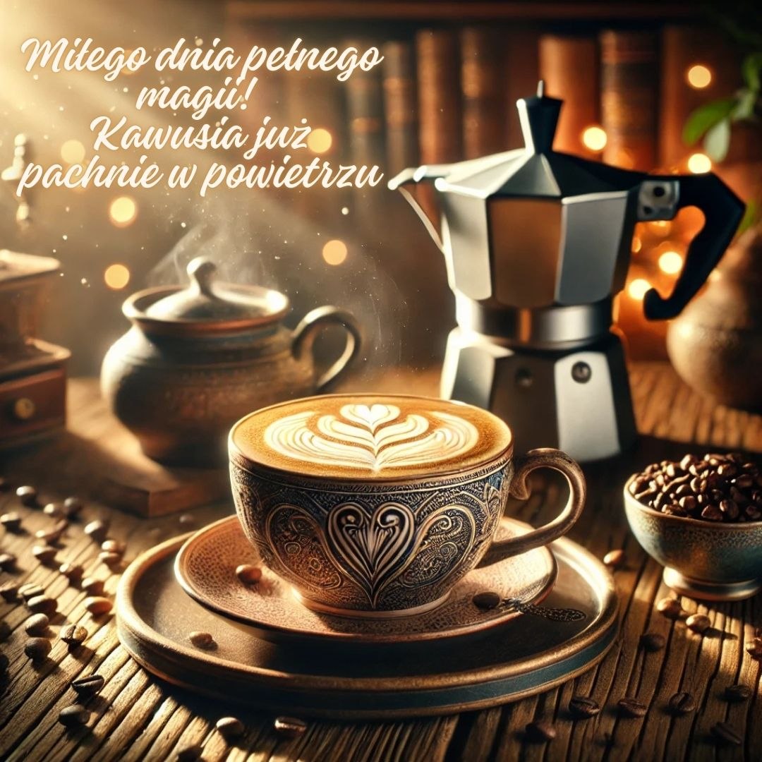 Miłego dnia pełnego magii, kawusia z latte art w ozdobnej filiżance, kawiarka na drewnianym stole