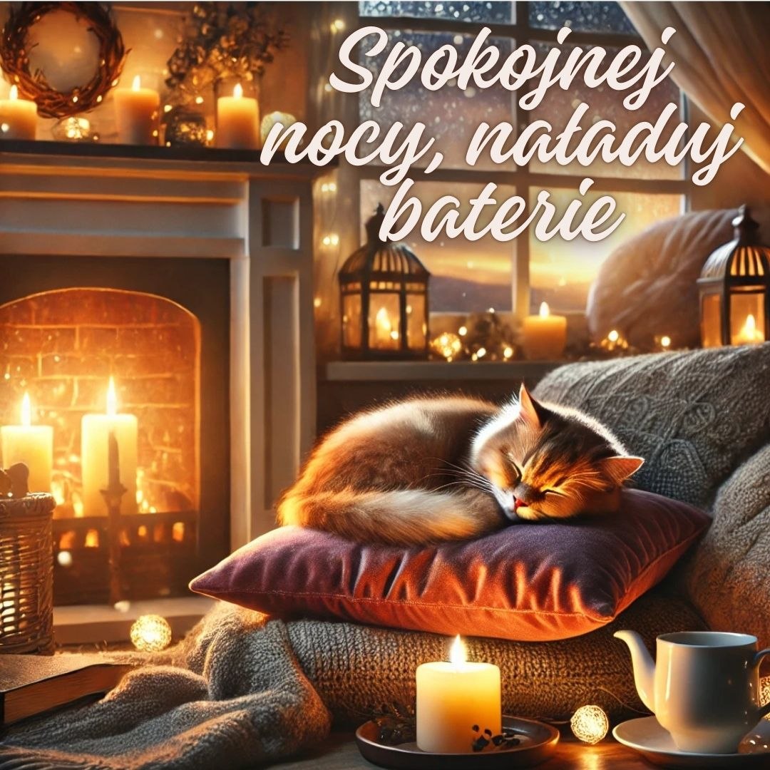 Nowa kartka na dobranoc - spokojna noc ze śpiącym kotem przy kominku