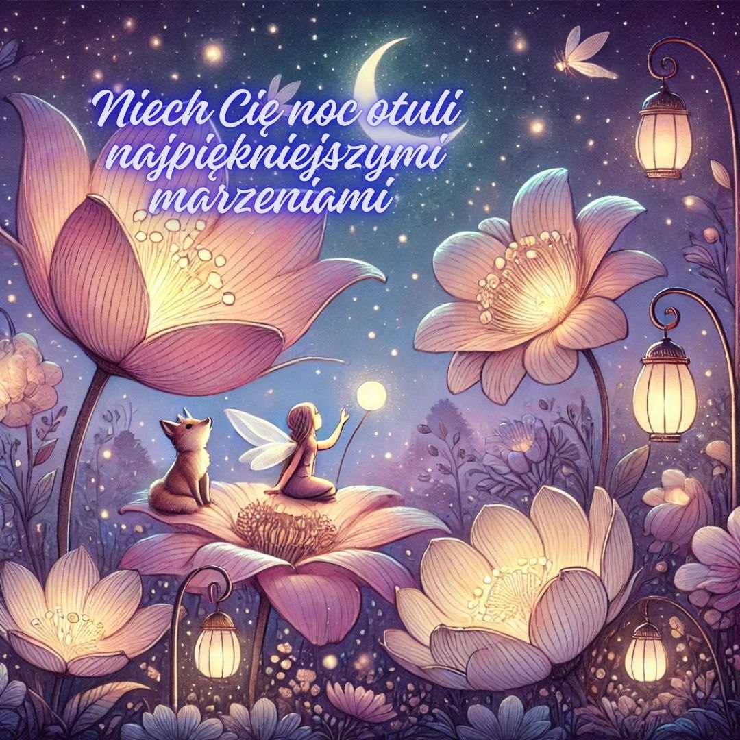 Nowe kartki na dobranoc spokojnej nocy - bajkowa sceneria z wróżką i magicznymi kwiatami