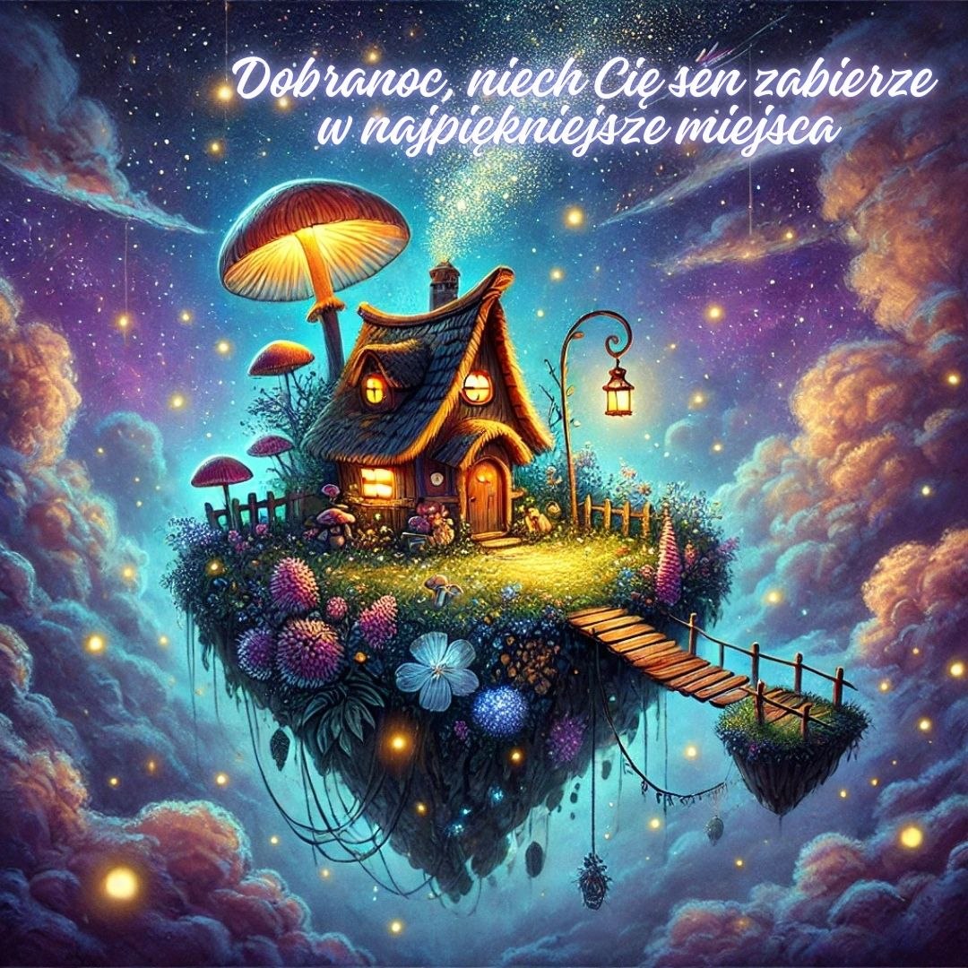 Urocze obrazki na dobranoc nowe kartki - magiczny domek na wyspie wśród gwiazd