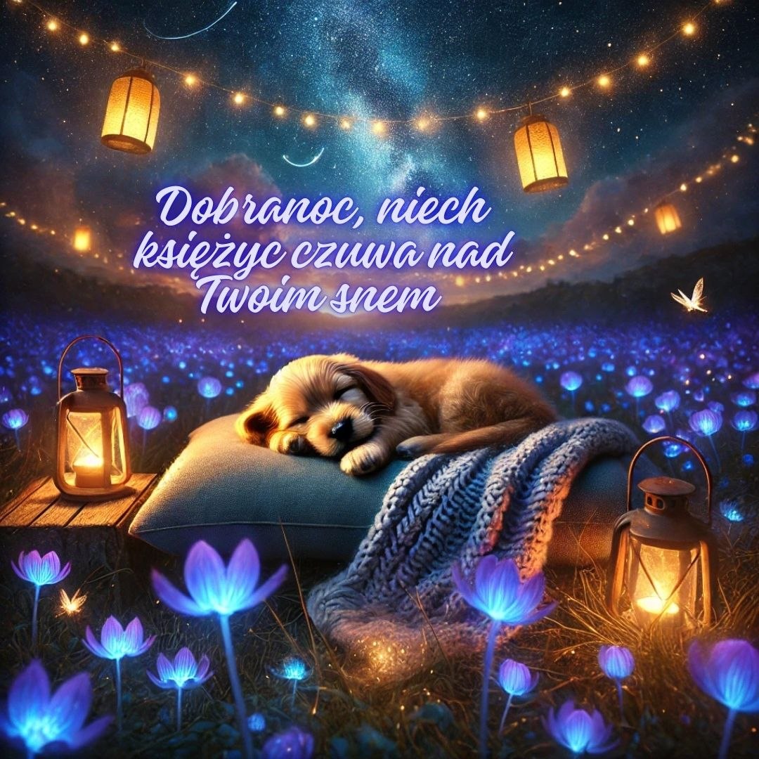 Fajne nowe kartki na dobranoc życzenia - śpiący piesek i świecące kwiaty