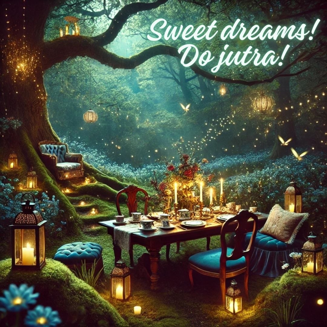 Fajne nowe kartki na dobranoc - magiczny ogród z lampionami