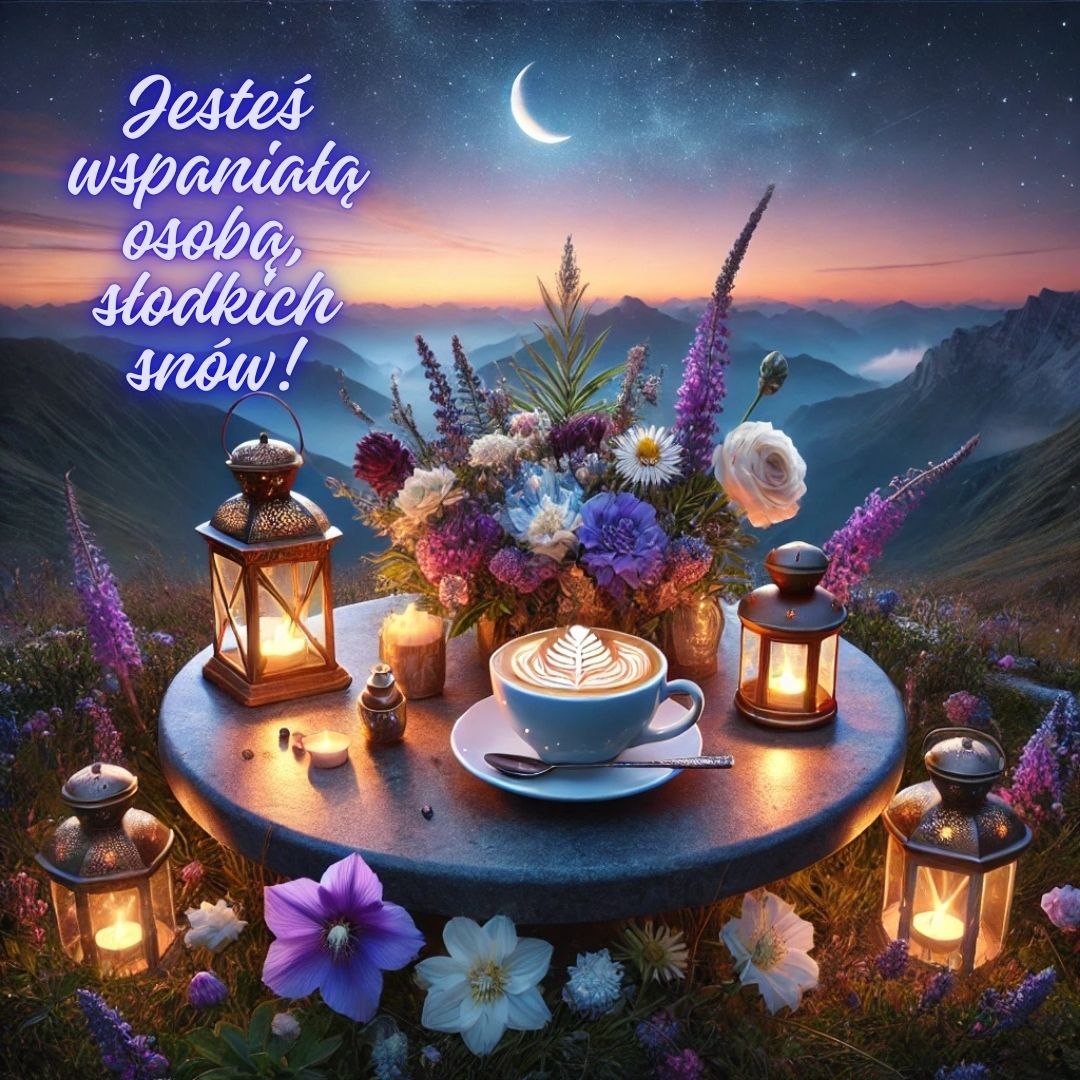 Fajne kartki na dobranoc - góry i kawa w świetle księżyca