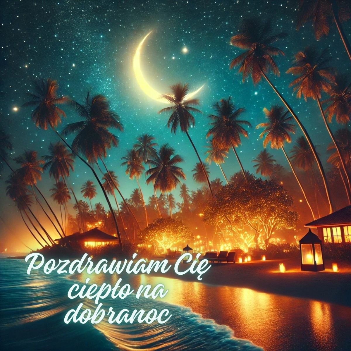 Darmowe kartki na dobranoc ruchome - tropikalna plaża z palmami w świetle księżyca