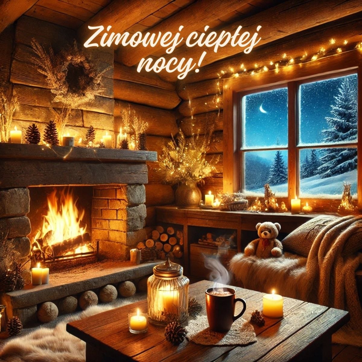 Piękne pozdrowienia na dobranoc - przytulne wnętrze z kominkiem, świecami i zimowym widokiem za oknem