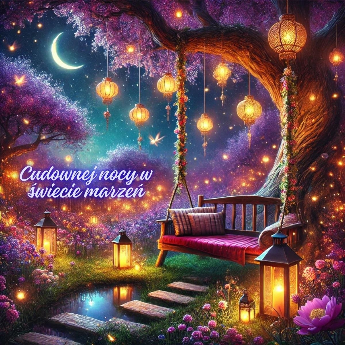 Fajne kartki na dobranoc zimowe - magiczny ogród z huśtawką i świecącymi lampionami