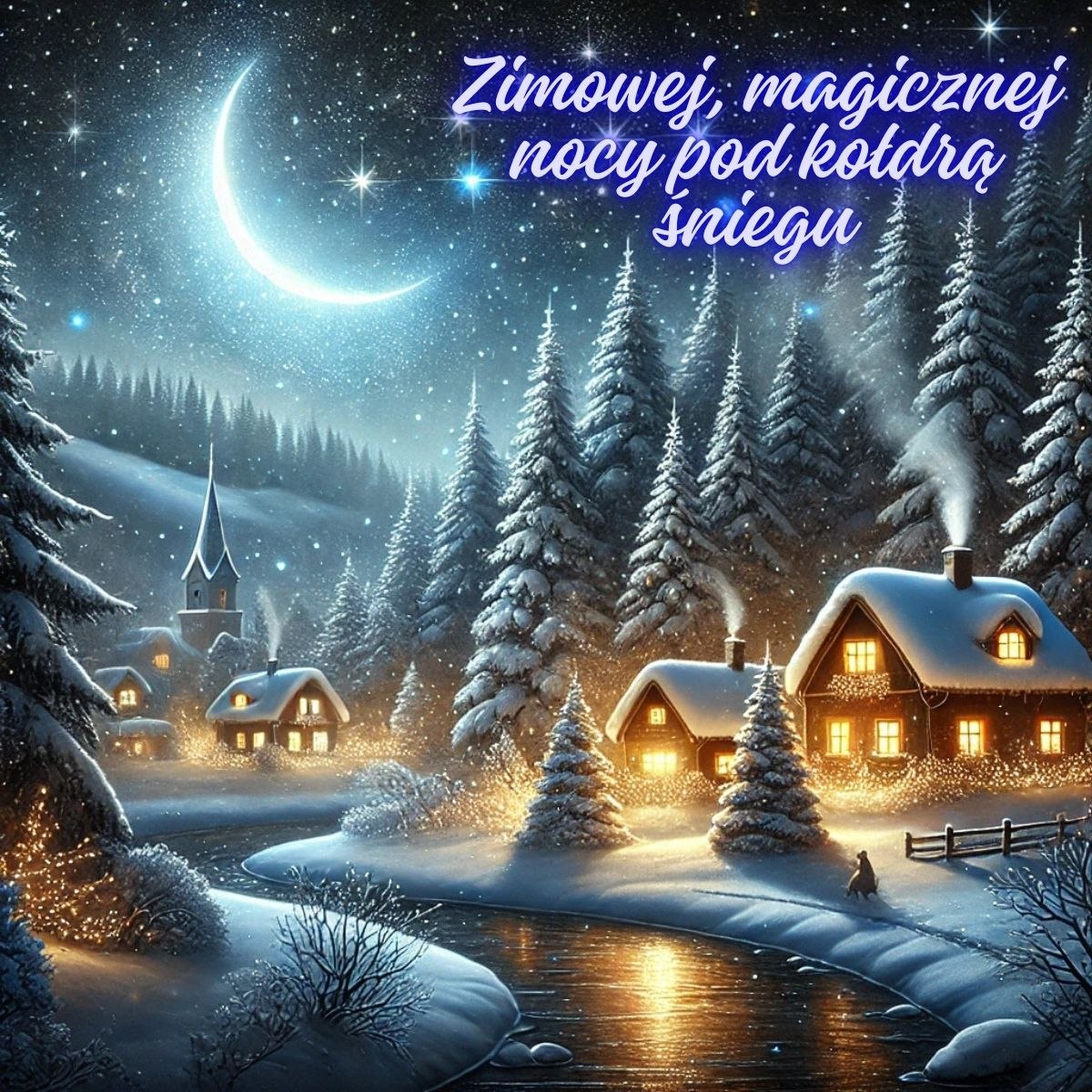 Kartki na dobranoc zimowe - ośnieżona wioska w świetle księżyca z kościółkiem