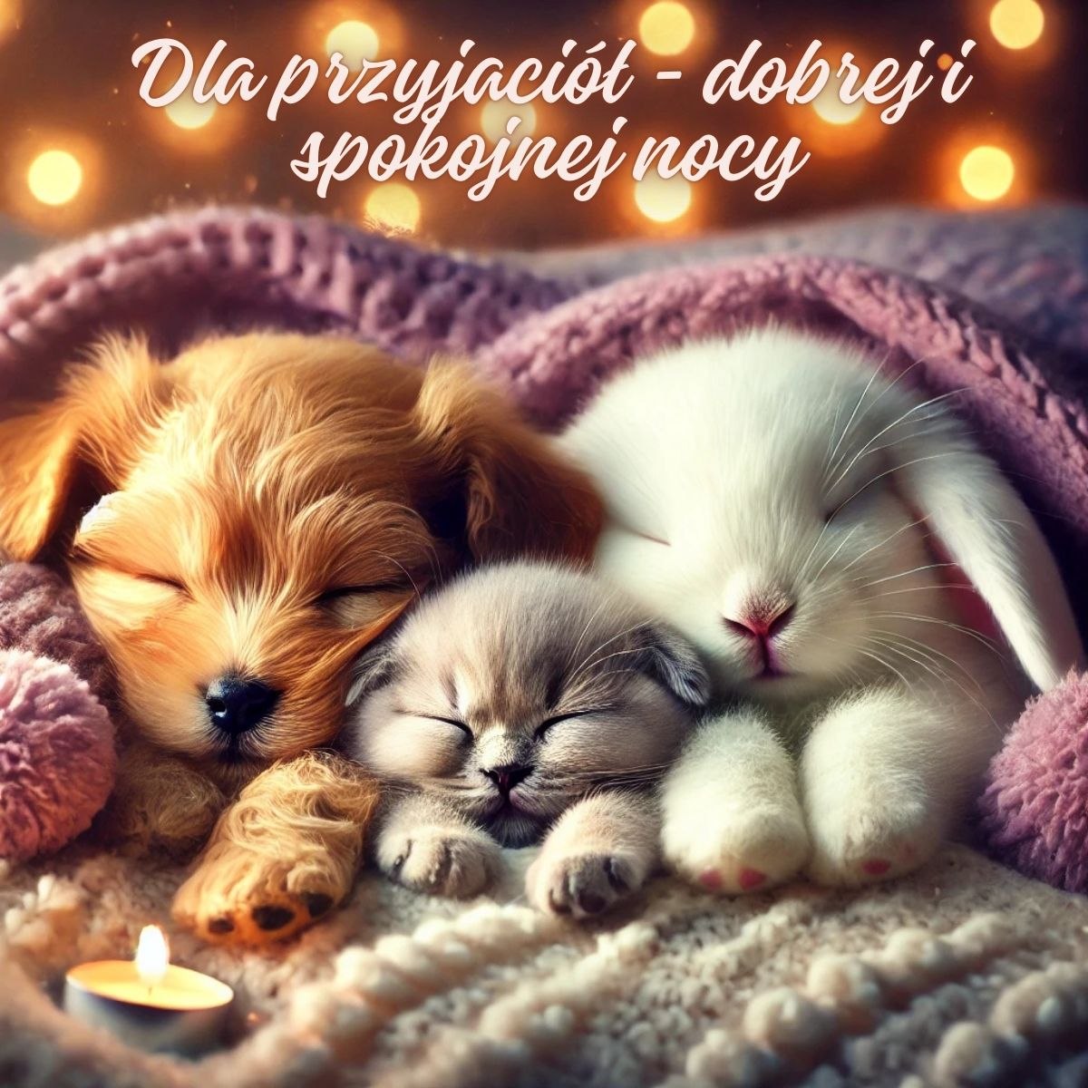 "Piękne obrazki na dobranoc - śpiący piesek, kotek i króliczek pod ciepłym kocem