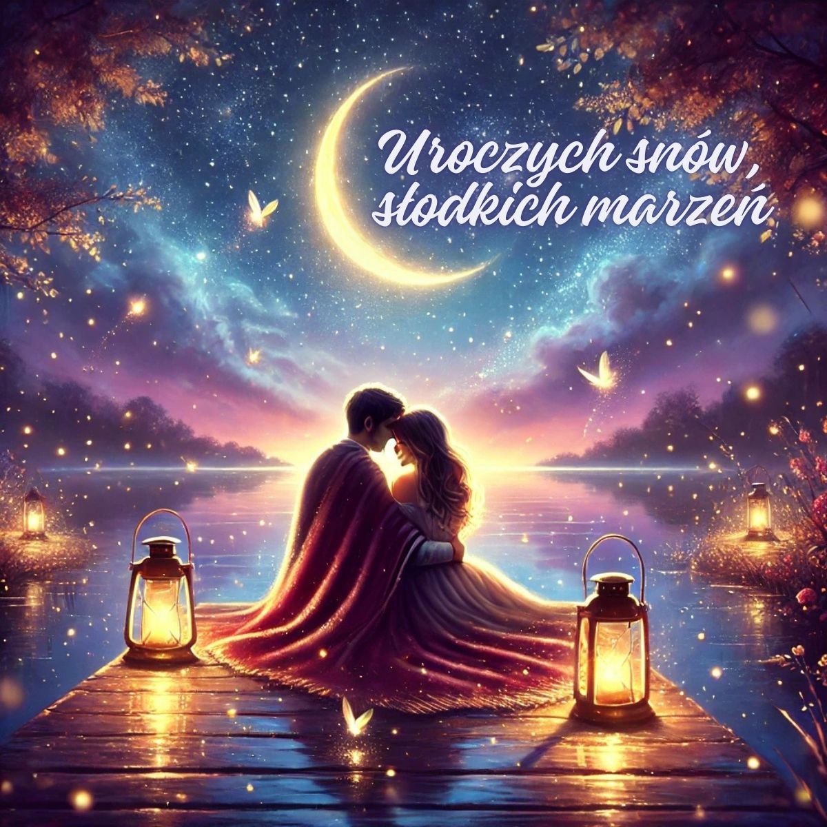 Piękne kartki na dobranoc - zakochana para na pomoście z lampionami pod gwiazdami
