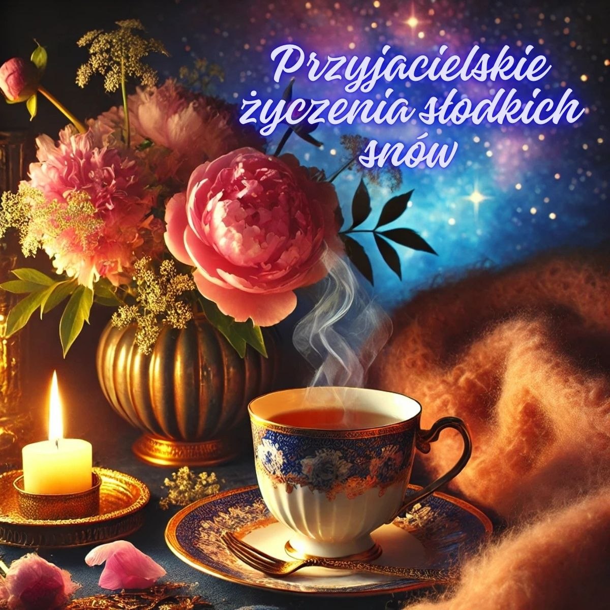 Karteczki na dobranoc - aromatyczna herbata przy świecach i kwiaty w wazonie