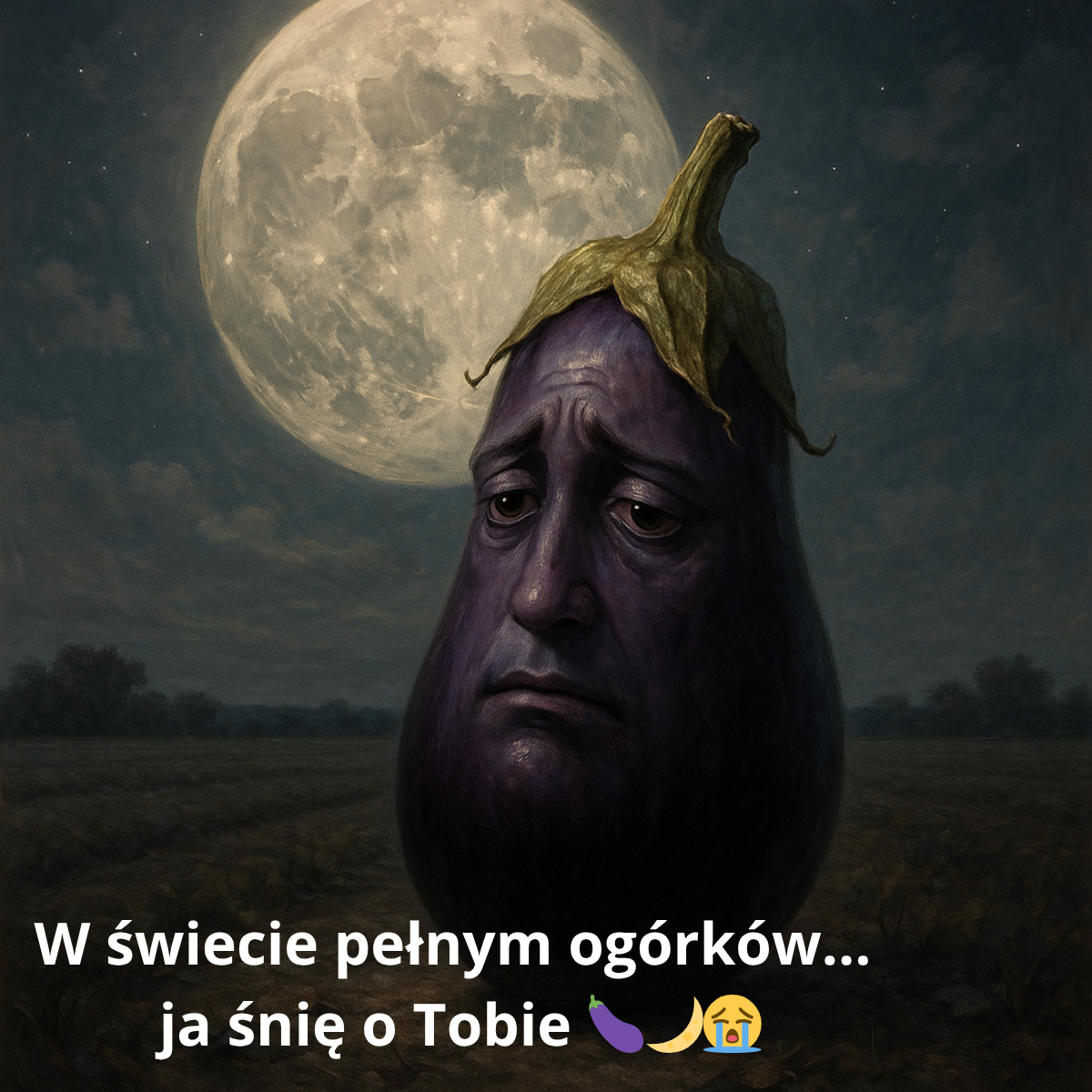 Nowy obrazek na dobranoc z bakłażanem śniącym o miłości – surrealistyczna ilustracja z księżycem w tle.