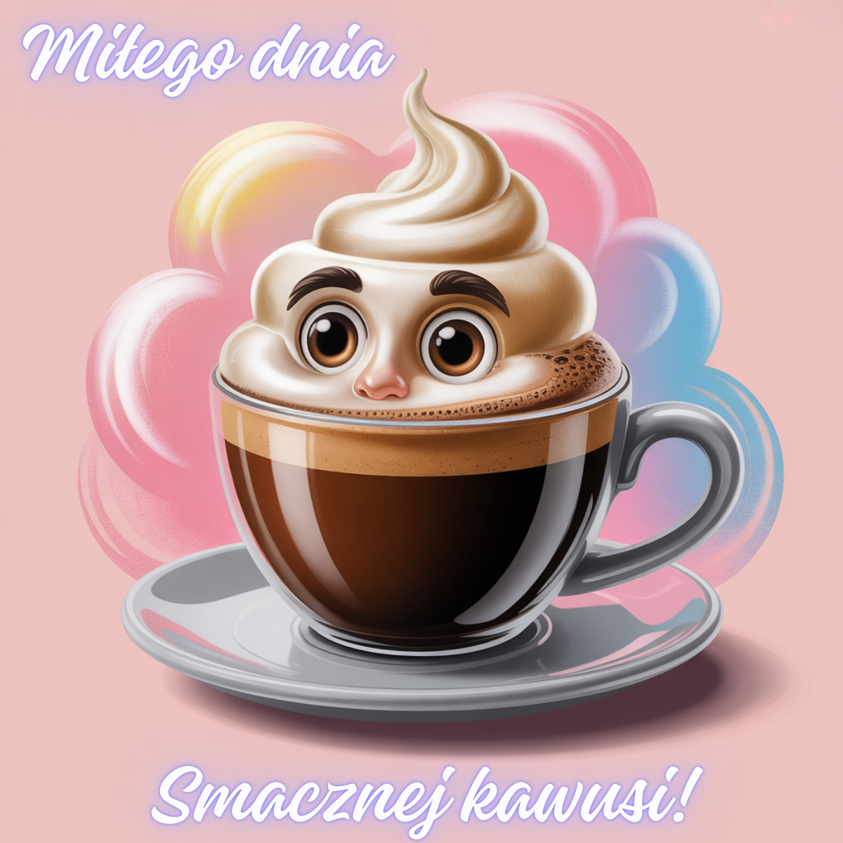 Kubek kawy z pianką, która tworzy zabawną twarz z wielkimi oczami. Radosna ilustracja w kreskówkowym stylu.