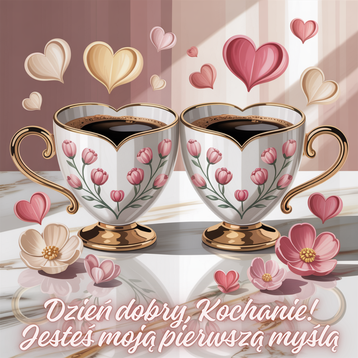 Dwie filiżanki kawy w kształcie serc z kwiatowym wzorem, wokół unoszą się różowe i złote serca. Napis: Dzień dobry, Kochanie! Jesteś moją pierwszą myślą.