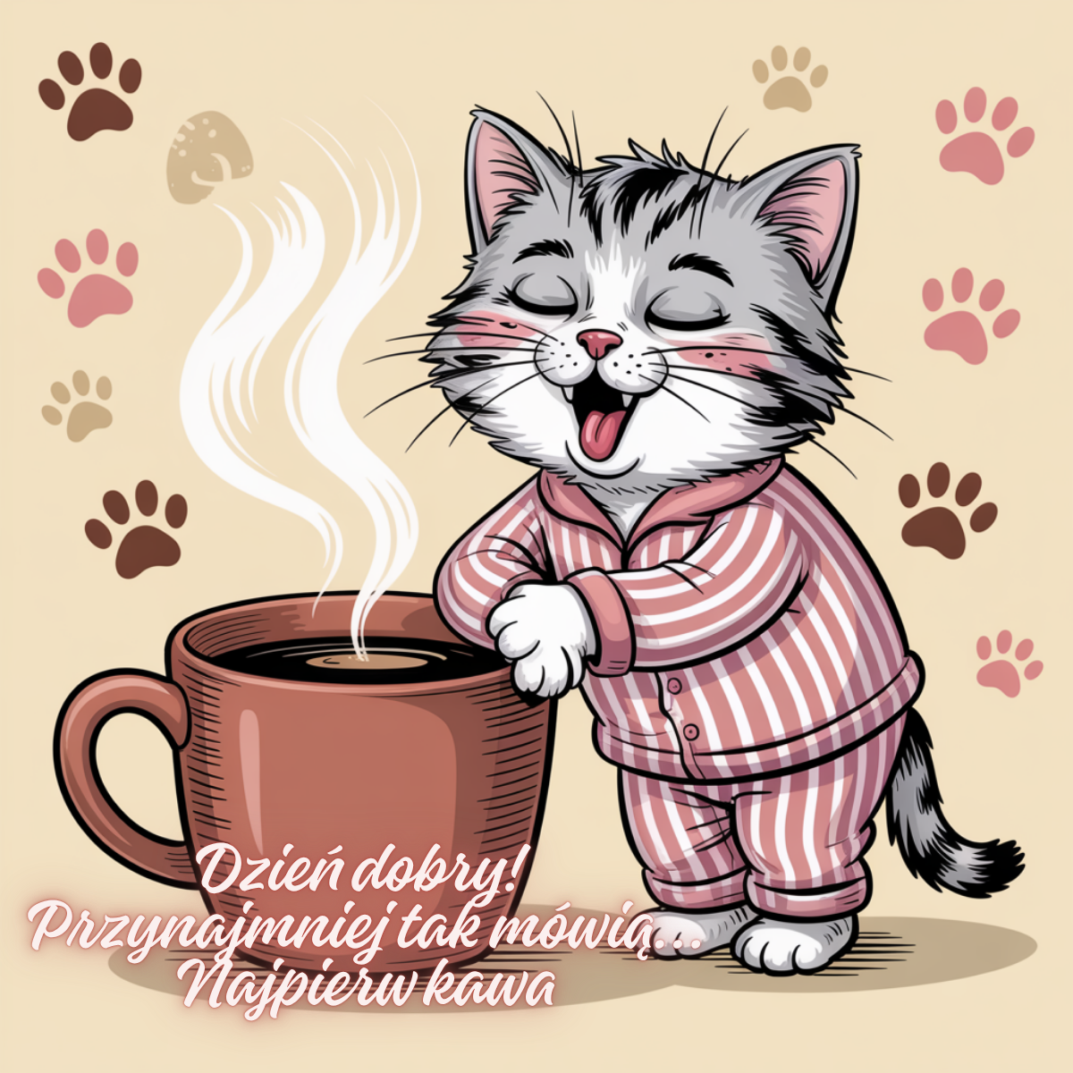 Uśmiechnięty kot w różowej piżamie ziewa i opiera się o wielki kubek gorącej kawy. Na grafice widnieje tekst: Dzień dobry! Przynajmniej tak mówią… Najpierw kawa