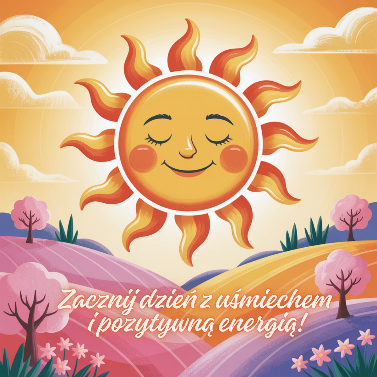 Uśmiechnięte słońce nad kolorowym krajobrazem, tekst ‘Zacznij dzień z uśmiechem i pozytywną energią!