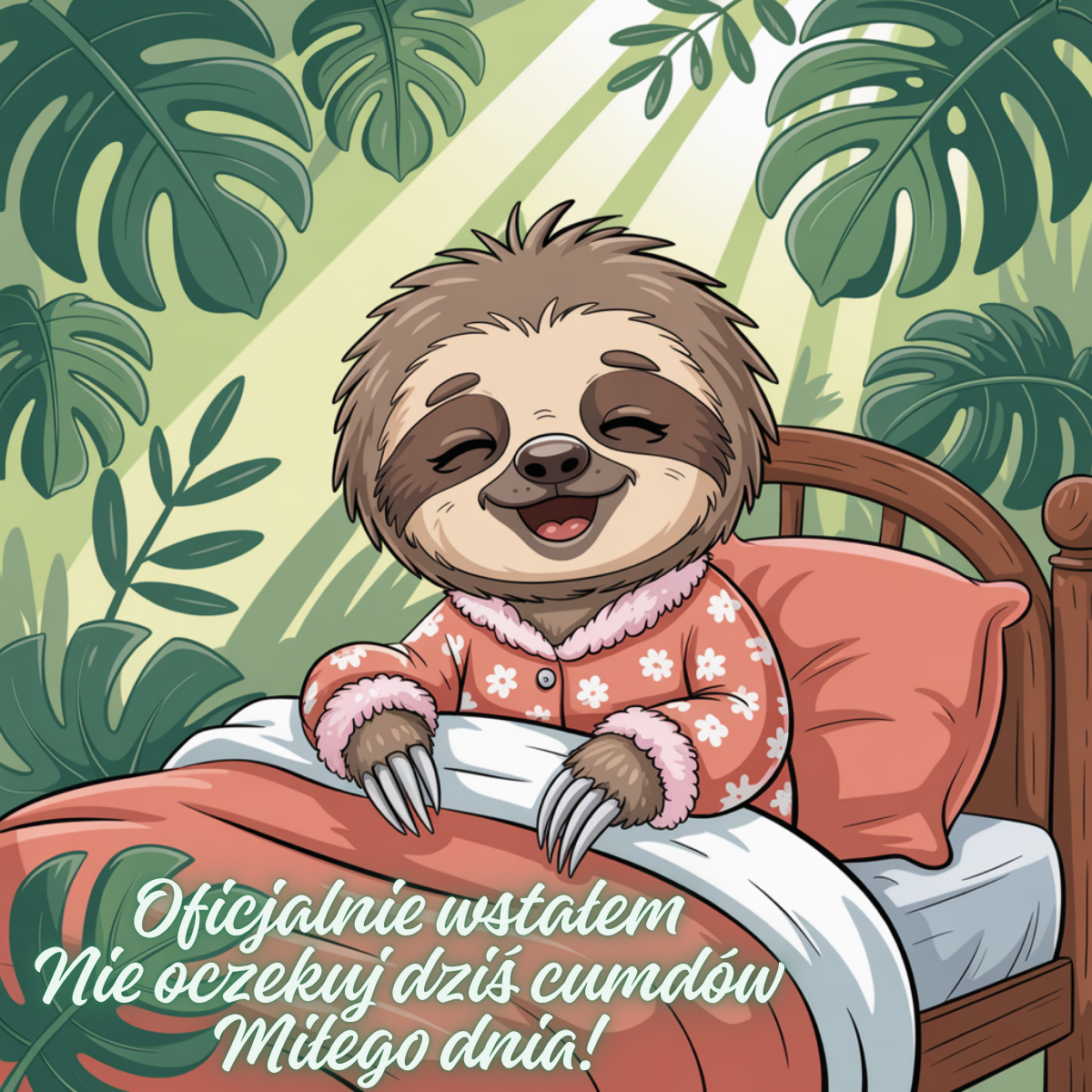 Rozespany leniwiec w piżamie leży w łóżku wśród zielonych liści dżungli. Na obrazku napis: Oficjalnie wstałem. Nie oczekuj dziś cudów. Miłego dnia!